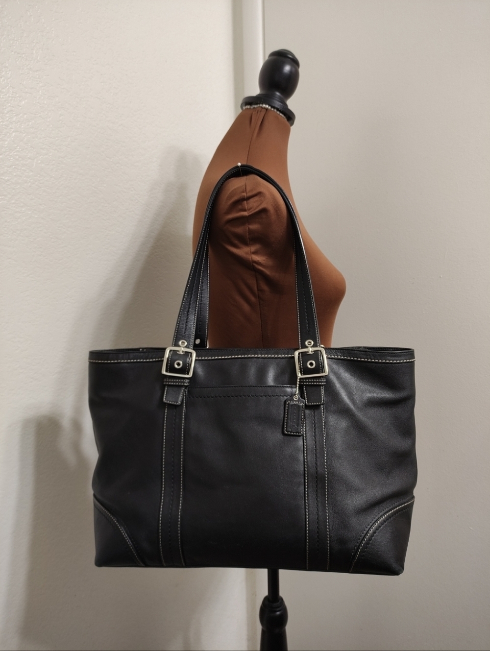 Vintage Y2K Coach F12609 Hampton Large Black Leather Tote Shoulder Bag